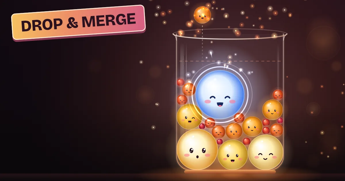 Ember Drop, the merge puzzle with five worlds to unlock: glowing orbs from small red sparks to golden flames piled in a glass jar, the largest a blue-white Solar Core