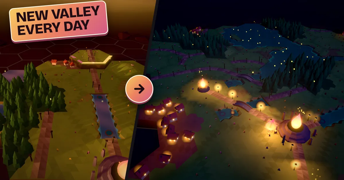 Ember Valley, before and after: a few hex tiles of forest, road and river at golden dusk, then the finished valley at night with its lantern road, glowing cottages and the Ember Shrine alight