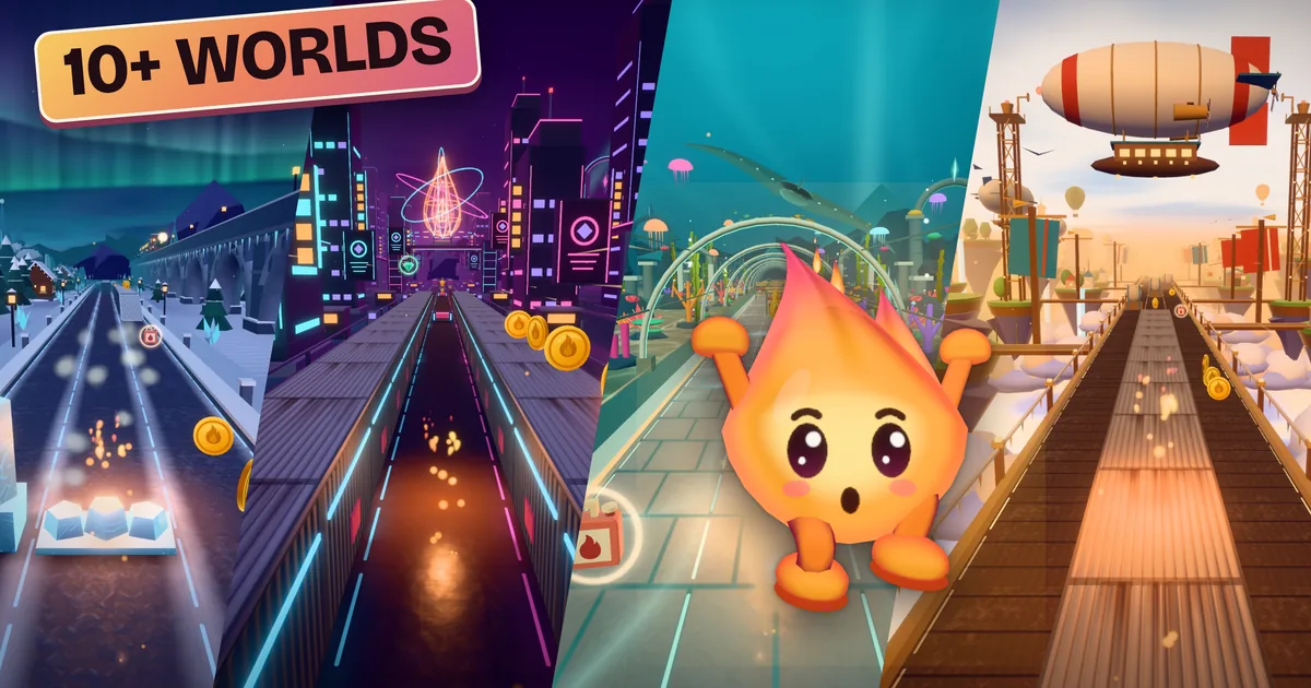 Flame Dash: the flame leaps with its arms up in front of four of its eleven districts, the snowy Frostpine Viaduct, the neon city of Neon Spire, the underwater Stormglass Reef and the airships of Skyship Harbour