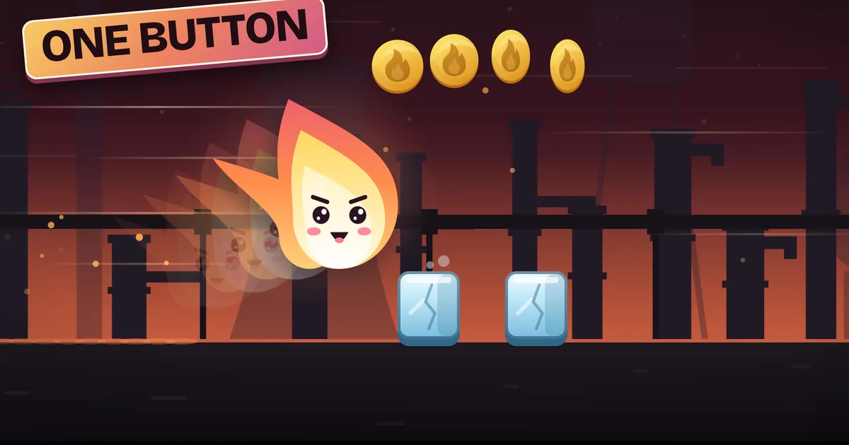 Flame Runner: the white-hot flame leaps toward two blocks of ice under an arc of coins, against a molten sunset sky